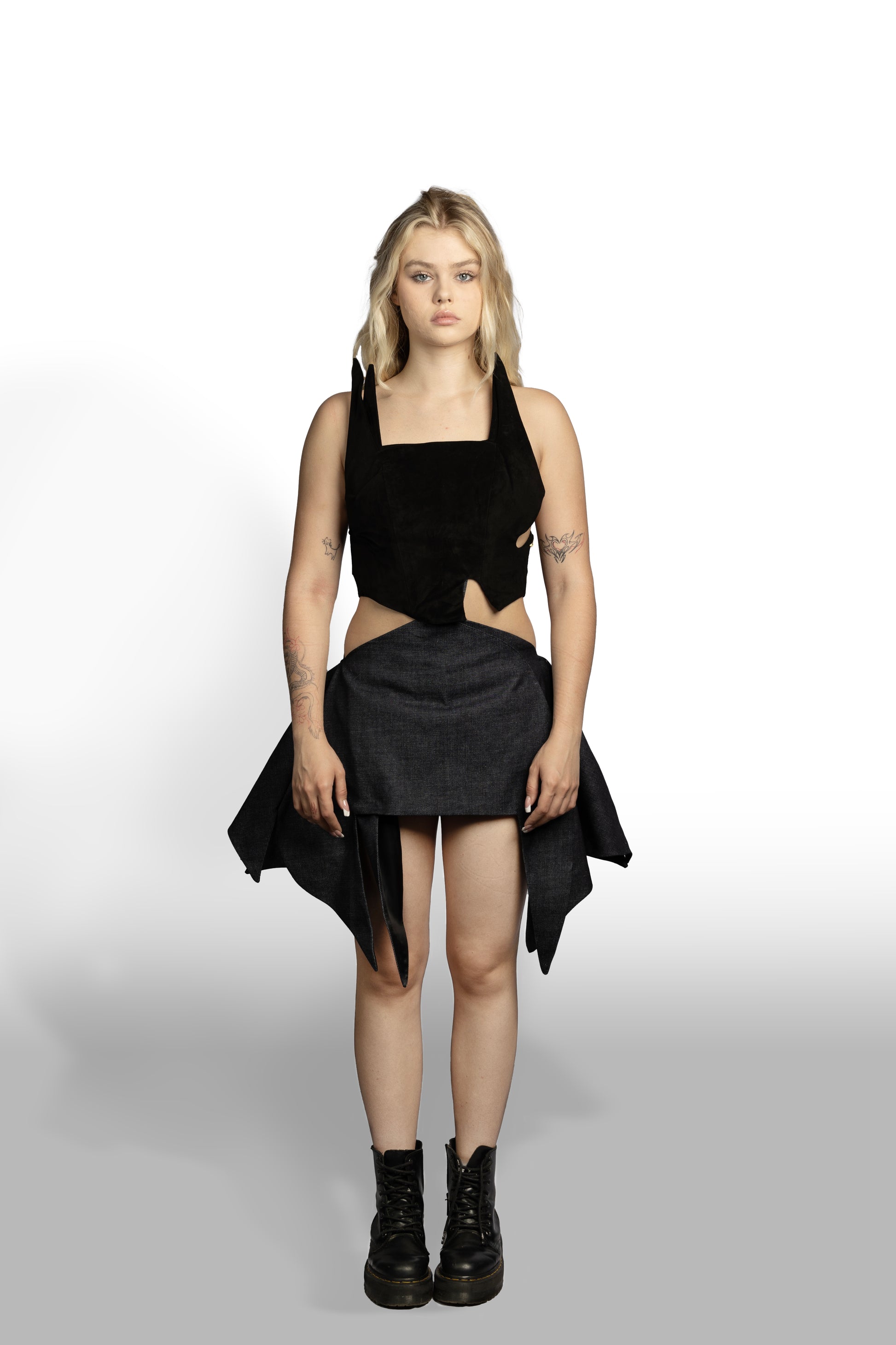 Leather corset top 
Suede black bustier 
Women's bustiers 
Structural denim skirt