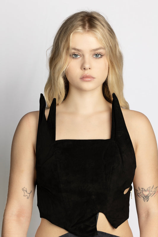 Luxury suede bustier top
Women's designer top 
Women's bustier top 
Black bustier top