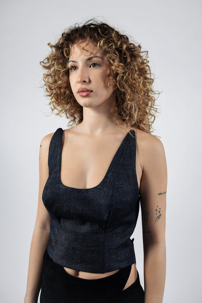 Dark denim fitted crop top with deep scoop neckline and wide shoulder straps
