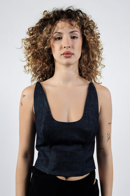 Dark denim scoop neck crop top with structured bodice