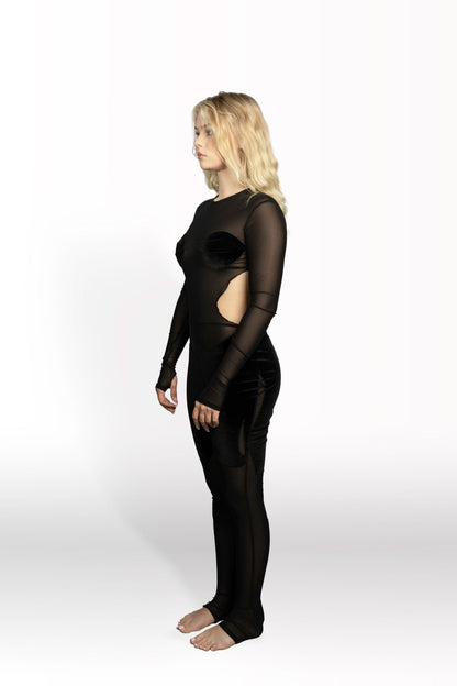 Velvet mesh asymmetrical catsuit